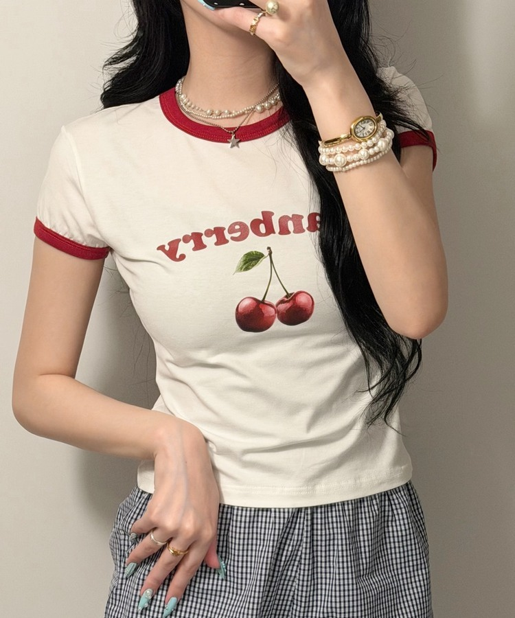 【❤️MADE】체리 배색 반팔 티셔츠 화이트