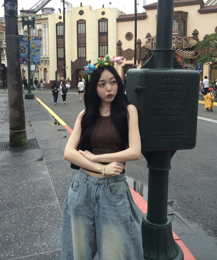 레트로 도트 민소매 브라운