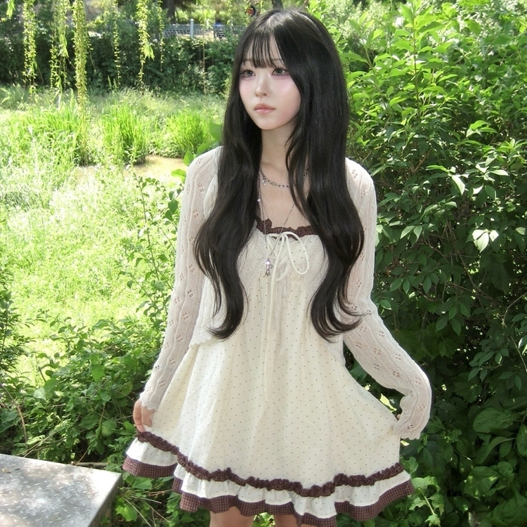 리본 레이스 레이어드 빈티지 러블리 나시 민소매 모리걸 원피스 끈조절 브라운