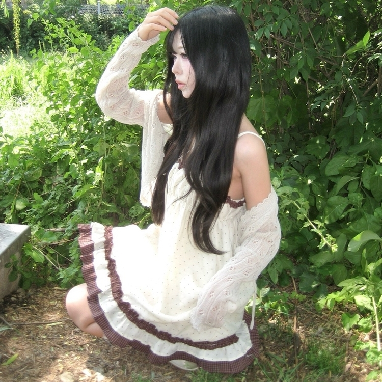리본 레이스 레이어드 빈티지 러블리 나시 민소매 모리걸 원피스 끈조절 브라운