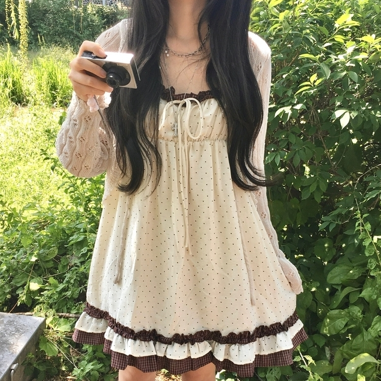 리본 레이스 레이어드 빈티지 러블리 나시 민소매 모리걸 원피스 끈조절 브라운