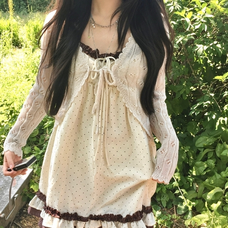 리본 레이스 레이어드 빈티지 러블리 나시 민소매 모리걸 원피스 끈조절 브라운