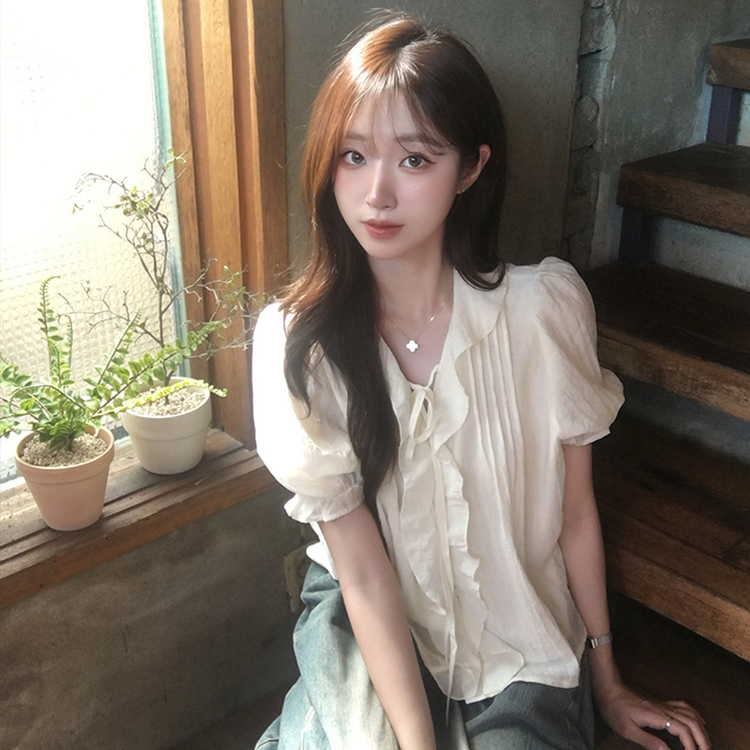 비쥬 여름 프릴 루즈핏 반팔 블라우스 오버핏 스트랩 셔링 셔츠 데일리 리본 밴딩 상의 하객룩 결혼식코디 4color 아이보리