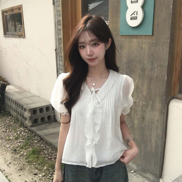 비쥬 여름 프릴 루즈핏 반팔 블라우스 오버핏 스트랩 셔링 셔츠 데일리 리본 밴딩 상의 하객룩 결혼식코디 4color 아이보리