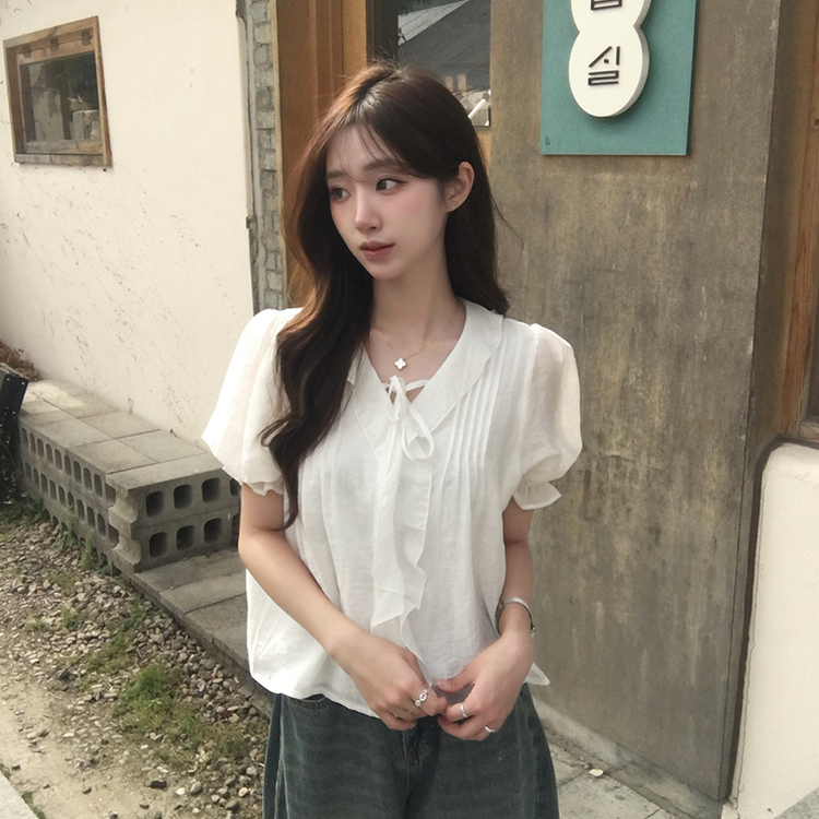 비쥬 여름 프릴 루즈핏 반팔 블라우스 오버핏 스트랩 셔링 셔츠 데일리 리본 밴딩 상의 하객룩 결혼식코디 4color 아이보리