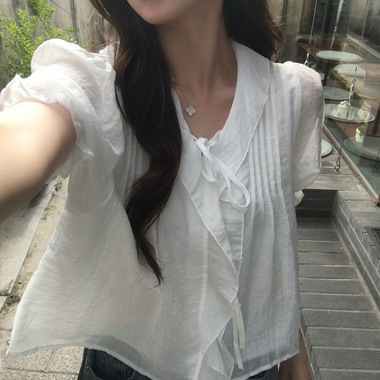 비쥬 여름 프릴 루즈핏 반팔 블라우스 오버핏 스트랩 셔링 셔츠 데일리 리본 밴딩 상의 하객룩 결혼식코디 4color 아이보리
