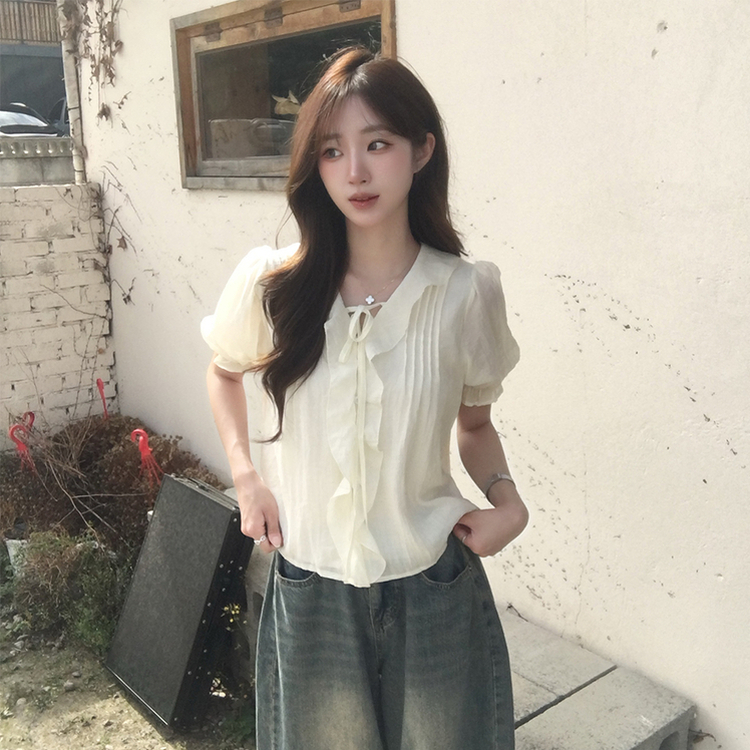 비쥬 여름 프릴 루즈핏 반팔 블라우스 오버핏 스트랩 셔링 셔츠 데일리 리본 밴딩 상의 하객룩 결혼식코디 4color 베이지
