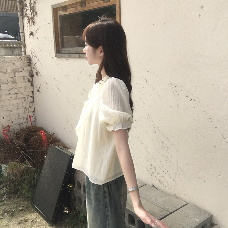 비쥬 여름 프릴 루즈핏 반팔 블라우스 오버핏 스트랩 셔링 셔츠 데일리 리본 밴딩 상의 하객룩 결혼식코디 4color 베이지