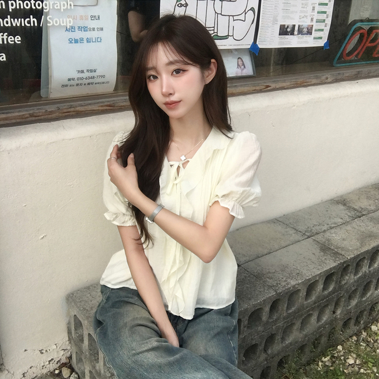 비쥬 여름 프릴 루즈핏 반팔 블라우스 오버핏 스트랩 셔링 셔츠 데일리 리본 밴딩 상의 하객룩 결혼식코디 4color 베이지