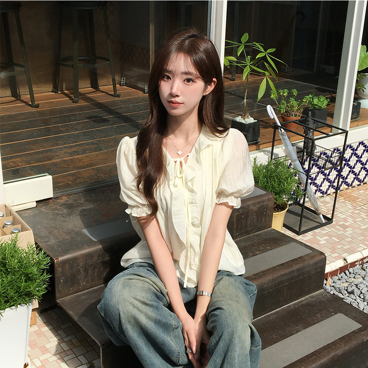 비쥬 여름 프릴 루즈핏 반팔 블라우스 오버핏 스트랩 셔링 셔츠 데일리 리본 밴딩 상의 하객룩 결혼식코디 4color 베이지