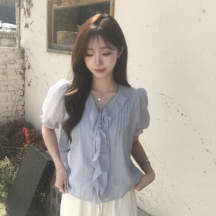 비쥬 여름 프릴 루즈핏 반팔 블라우스 오버핏 스트랩 셔링 셔츠 데일리 리본 밴딩 상의 하객룩 결혼식코디 4color 소라