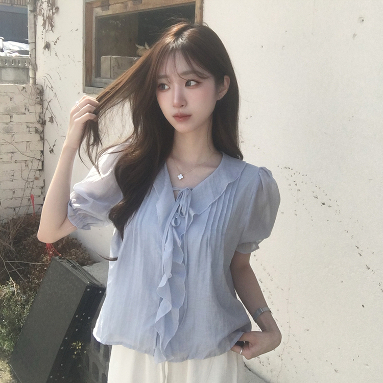 비쥬 여름 프릴 루즈핏 반팔 블라우스 오버핏 스트랩 셔링 셔츠 데일리 리본 밴딩 상의 하객룩 결혼식코디 4color 소라