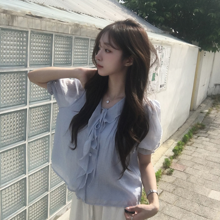 비쥬 여름 프릴 루즈핏 반팔 블라우스 오버핏 스트랩 셔링 셔츠 데일리 리본 밴딩 상의 하객룩 결혼식코디 4color 소라