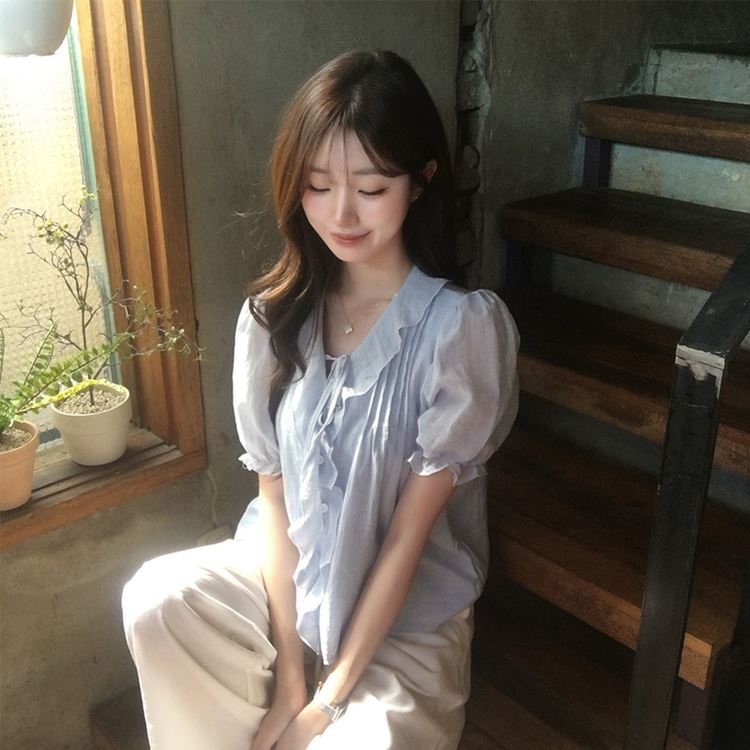 비쥬 여름 프릴 루즈핏 반팔 블라우스 오버핏 스트랩 셔링 셔츠 데일리 리본 밴딩 상의 하객룩 결혼식코디 4color 소라