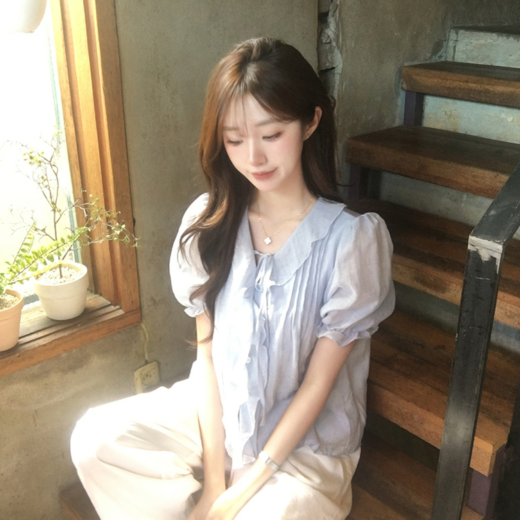 비쥬 여름 프릴 루즈핏 반팔 블라우스 오버핏 스트랩 셔링 셔츠 데일리 리본 밴딩 상의 하객룩 결혼식코디 4color 소라