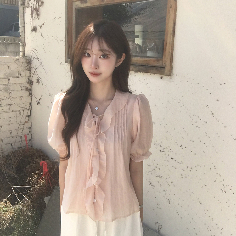비쥬 여름 프릴 루즈핏 반팔 블라우스 오버핏 스트랩 셔링 셔츠 데일리 리본 밴딩 상의 하객룩 결혼식코디 4color 핑크