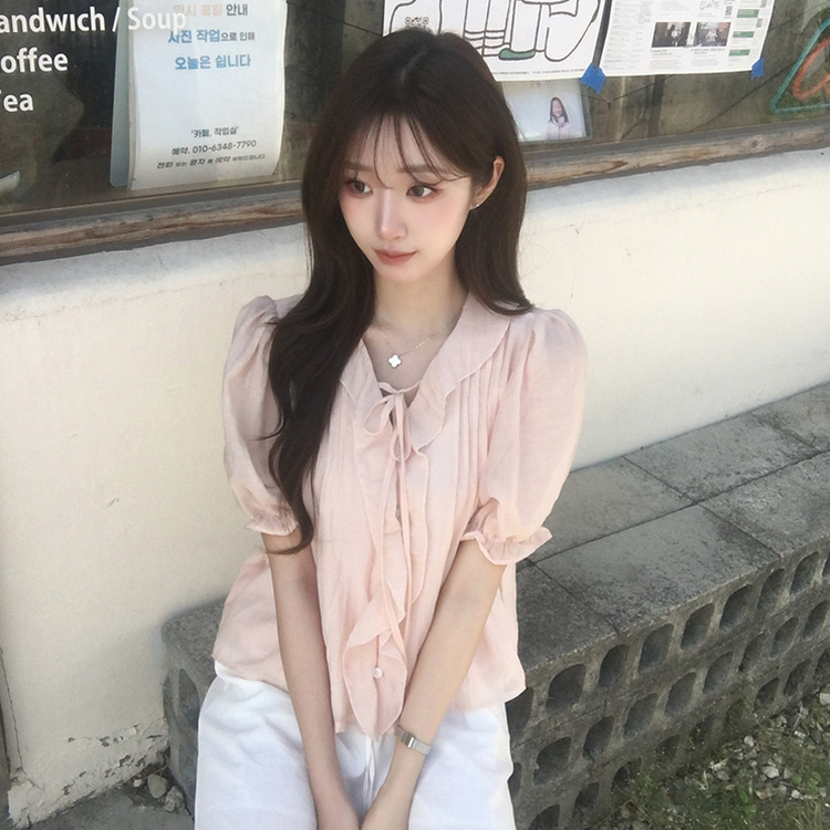비쥬 여름 프릴 루즈핏 반팔 블라우스 오버핏 스트랩 셔링 셔츠 데일리 리본 밴딩 상의 하객룩 결혼식코디 4color 핑크