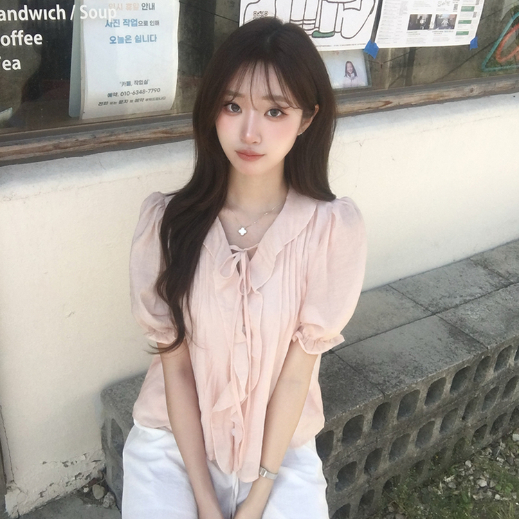 비쥬 여름 프릴 루즈핏 반팔 블라우스 오버핏 스트랩 셔링 셔츠 데일리 리본 밴딩 상의 하객룩 결혼식코디 4color 핑크