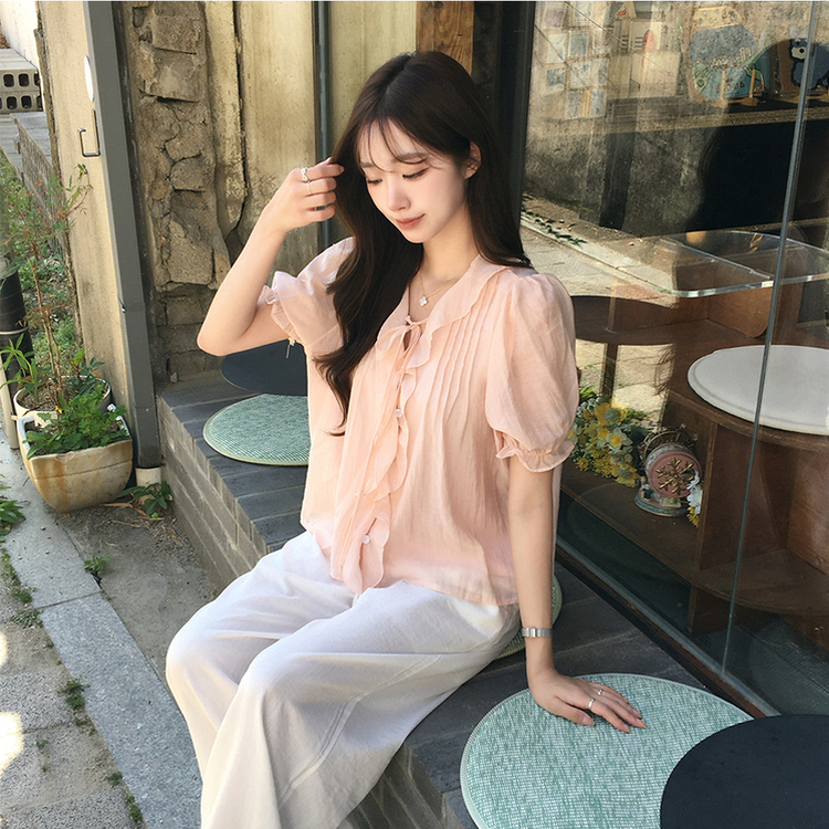 비쥬 여름 프릴 루즈핏 반팔 블라우스 오버핏 스트랩 셔링 셔츠 데일리 리본 밴딩 상의 하객룩 결혼식코디 4color 핑크