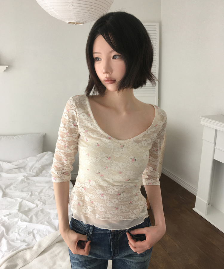 フラワーレース7分袖Tシャツ IVORY