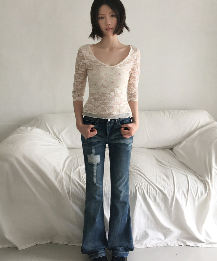 フラワーレース7分袖Tシャツ IVORY