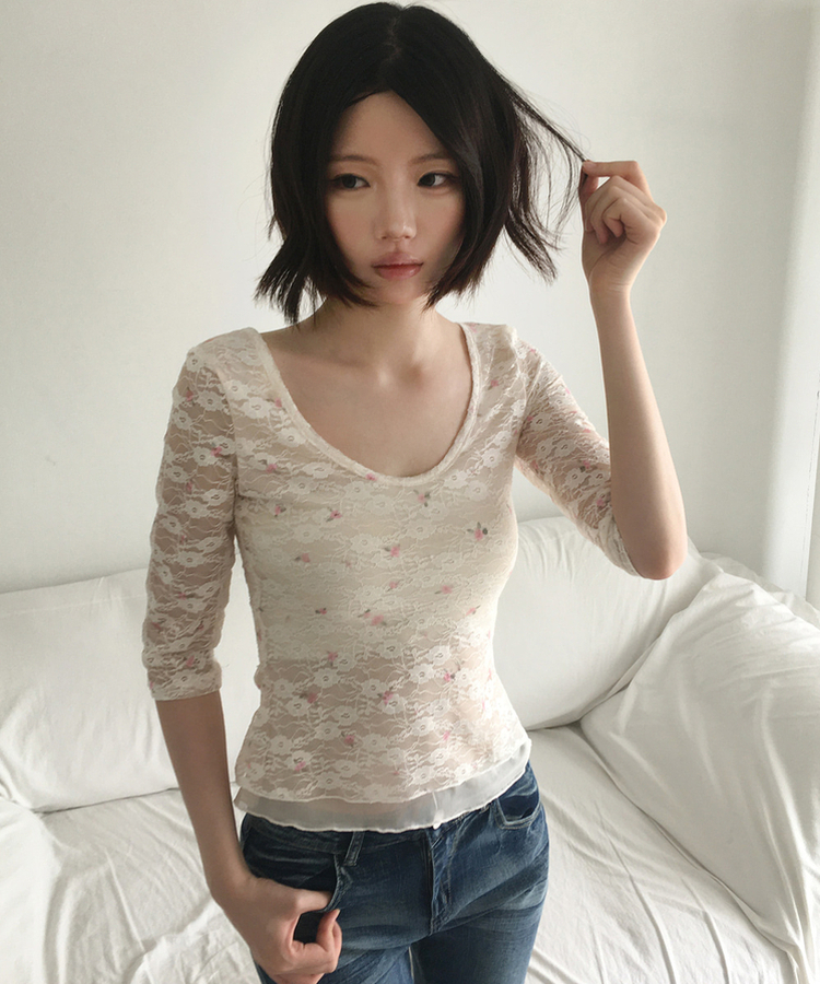 フラワーレース7分袖Tシャツ IVORY
