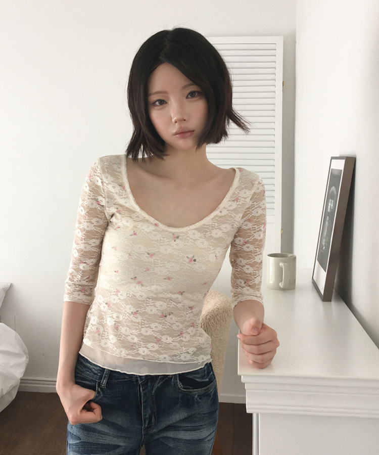 フラワーレース7分袖Tシャツ IVORY