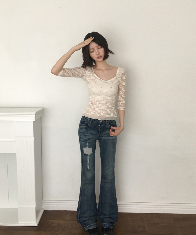 フラワーレース7分袖Tシャツ IVORY