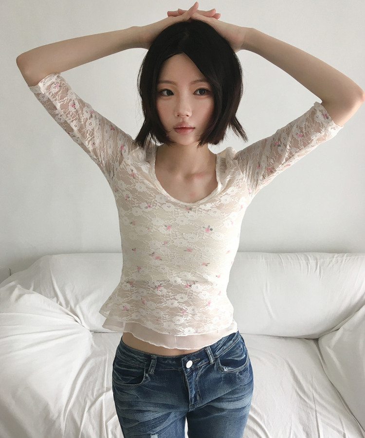 フラワーレース7分袖Tシャツ IVORY