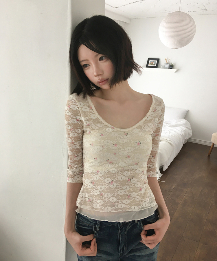 フラワーレース7分袖Tシャツ IVORY