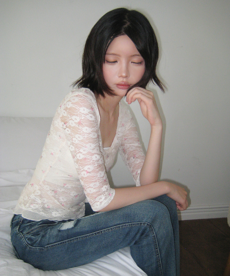 フラワーレース7分袖Tシャツ IVORY