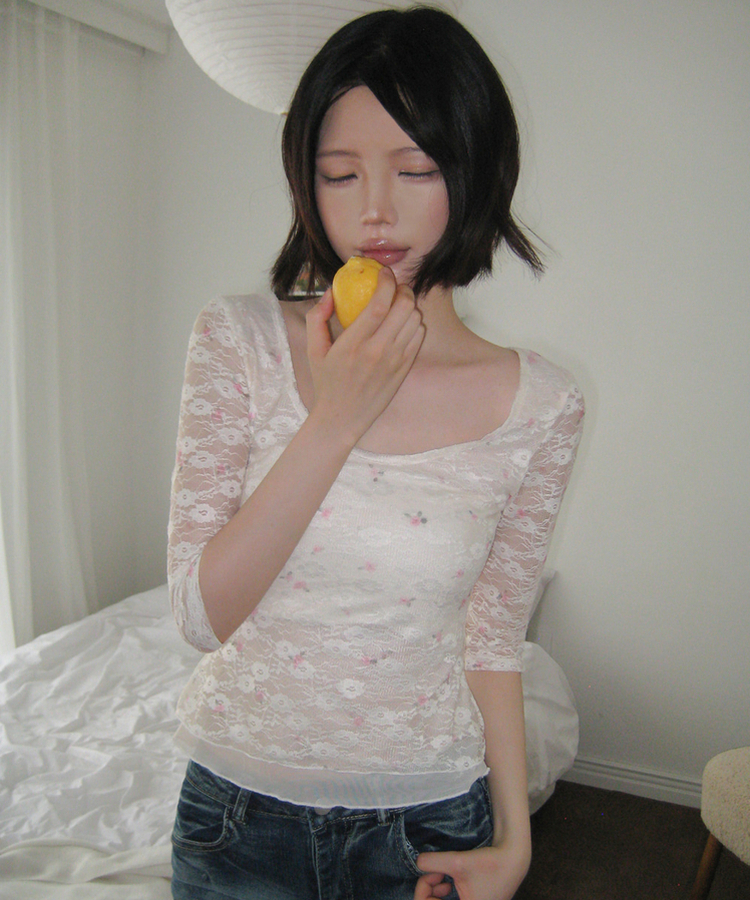 フラワーレース7分袖Tシャツ IVORY