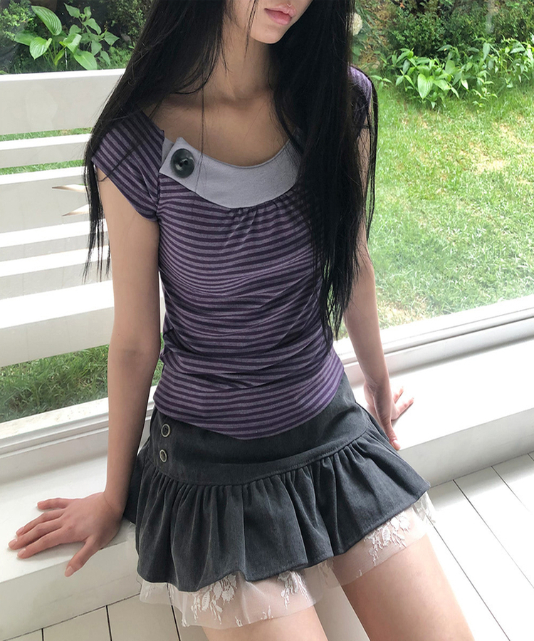 ストライプボタンキャップスリーブTシャツ PURPLE