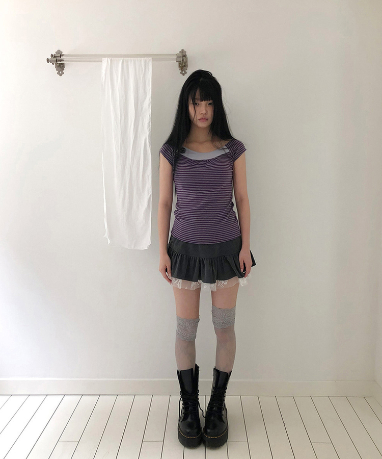 ストライプボタンキャップスリーブTシャツ PURPLE