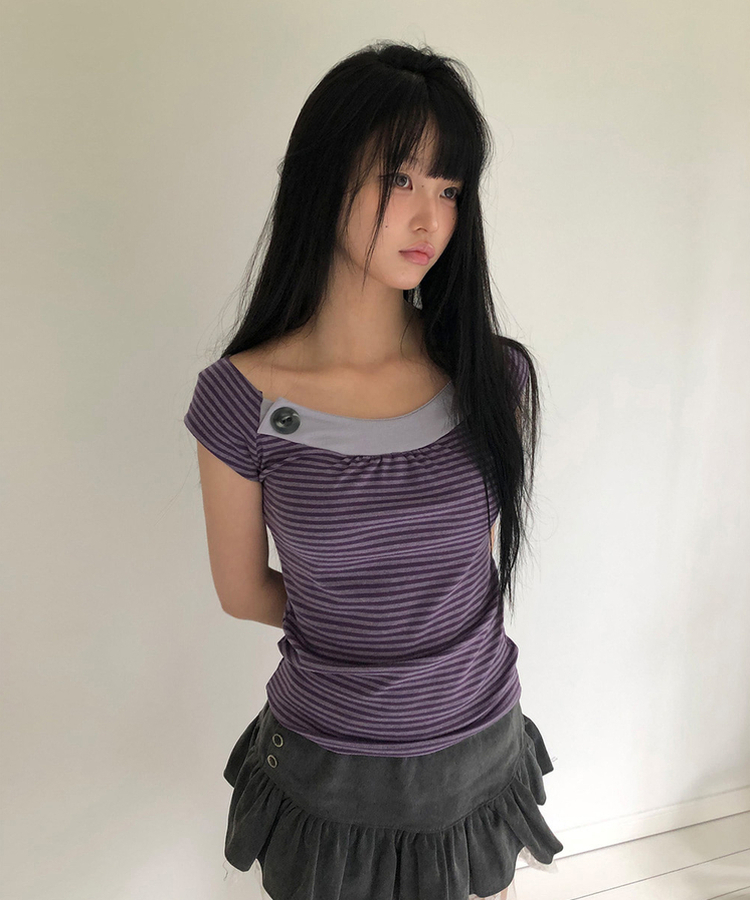 ストライプボタンキャップスリーブTシャツ PURPLE