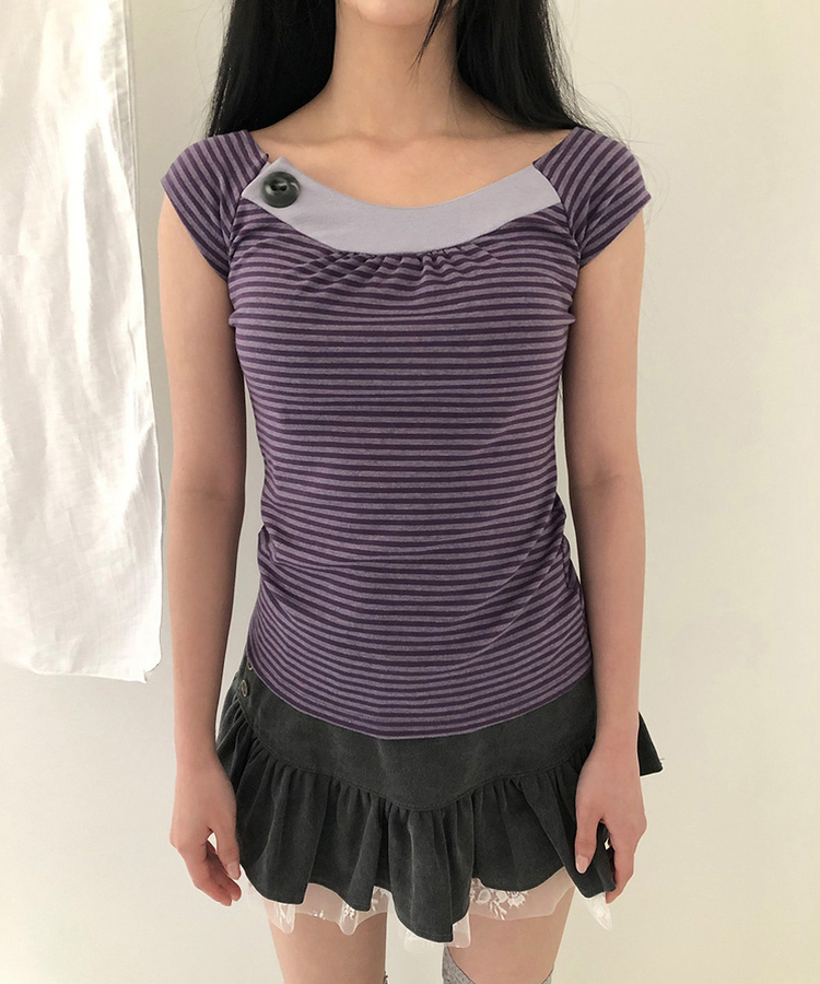 ストライプボタンキャップスリーブTシャツ PURPLE