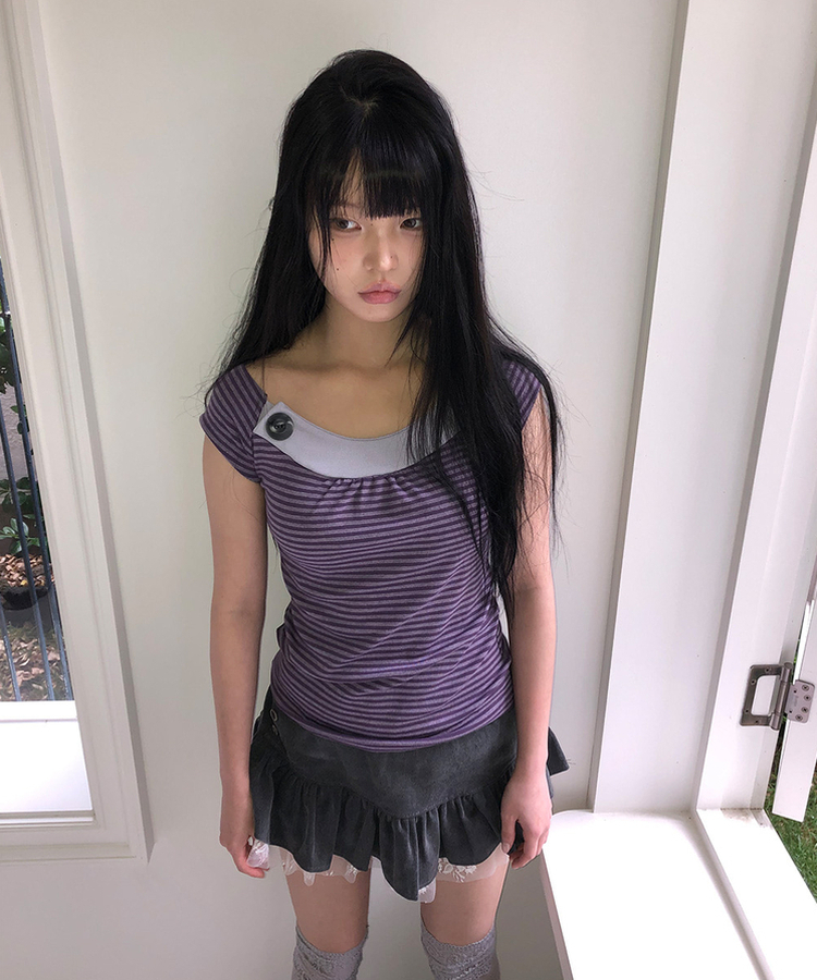 ストライプボタンキャップスリーブTシャツ PURPLE