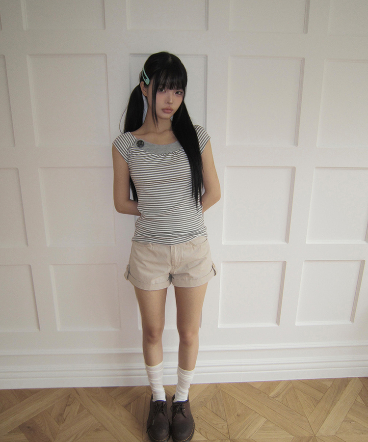 ストライプボタンキャップスリーブTシャツ MELANGE GRAY