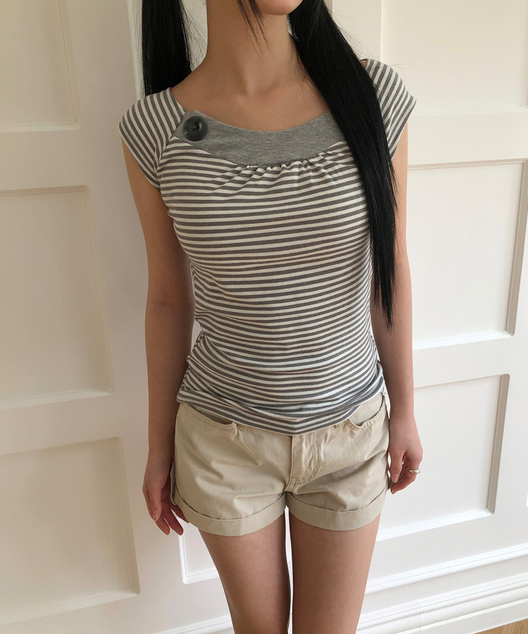 ストライプボタンキャップスリーブTシャツ MELANGE GRAY