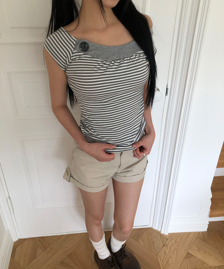 ストライプボタンキャップスリーブTシャツ MELANGE GRAY