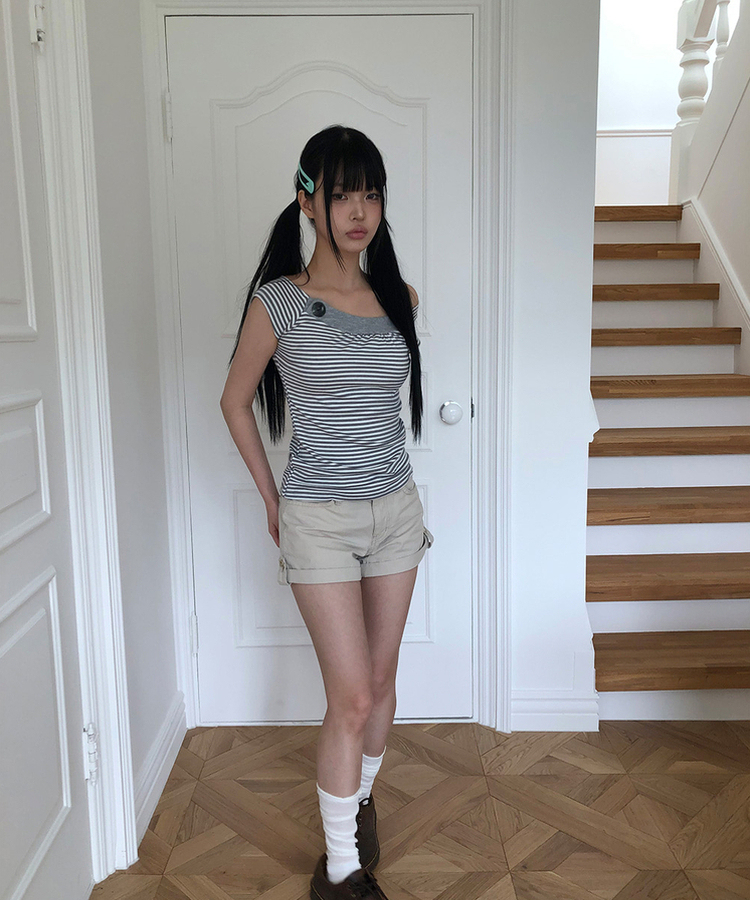 ストライプボタンキャップスリーブTシャツ MELANGE GRAY