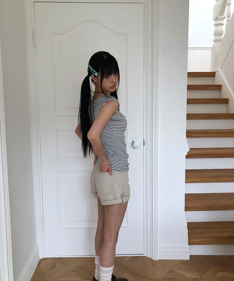 ストライプボタンキャップスリーブTシャツ MELANGE GRAY