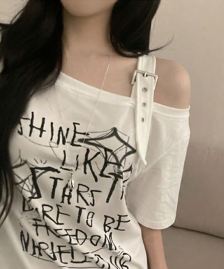 파이더 레터링 언발 버클 벨트 루즈핏 오프 반팔 티셔츠 아이보리