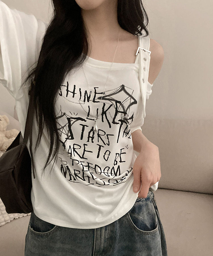 파이더 레터링 언발 버클 벨트 루즈핏 오프 반팔 티셔츠 아이보리