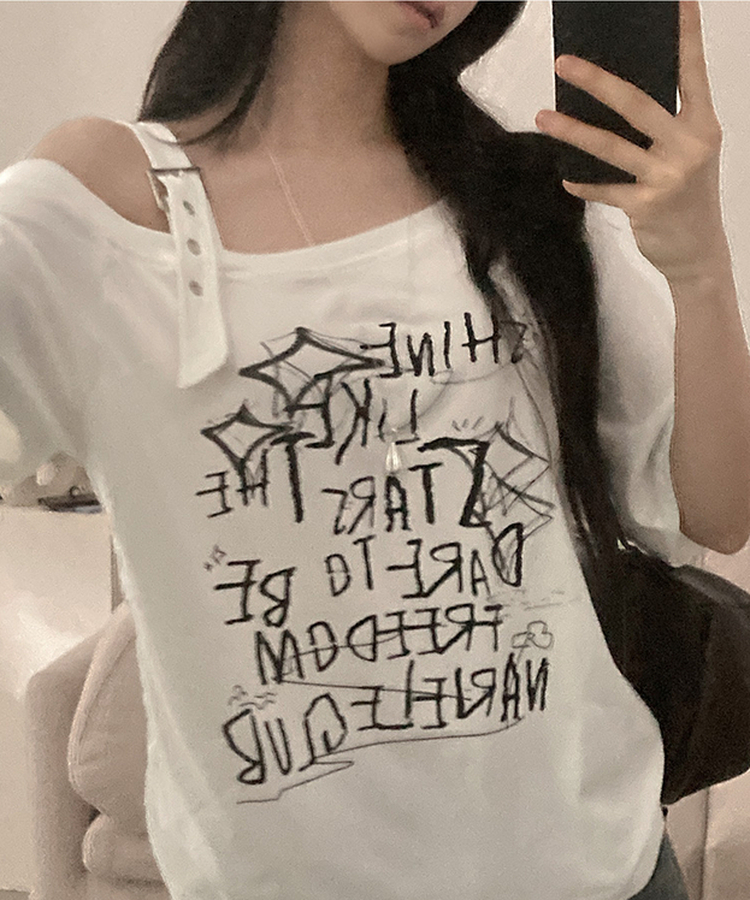 파이더 레터링 언발 버클 벨트 루즈핏 오프 반팔 티셔츠 아이보리