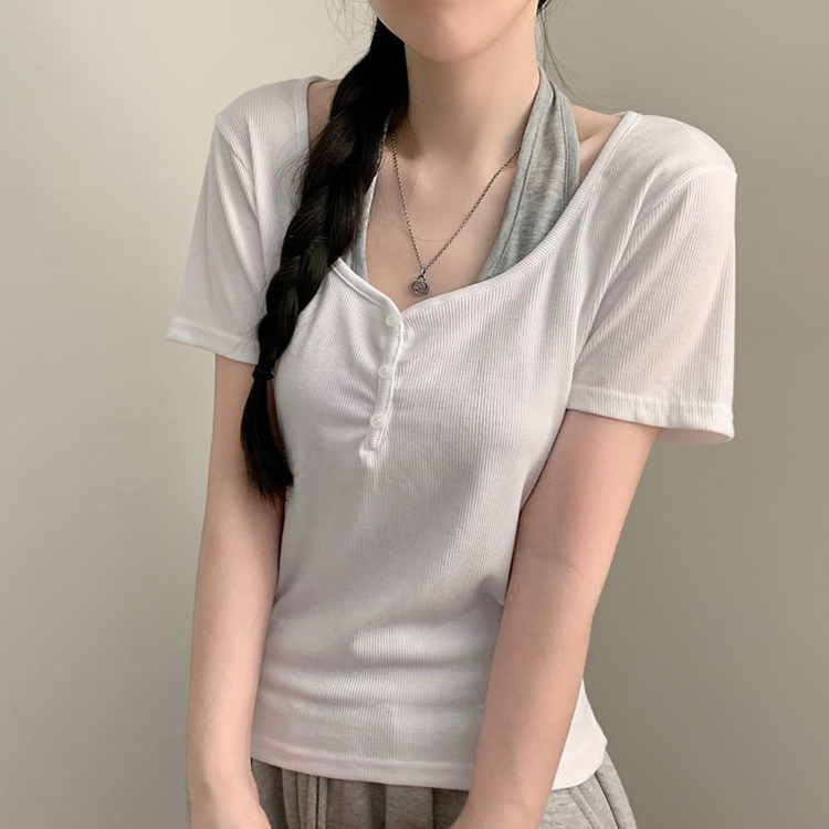 로지 반팔 홀터넥 레이어드 반팔티 또또 단추 여름 상의 여름옷 데일리룩 반소매티셔츠 아이보리