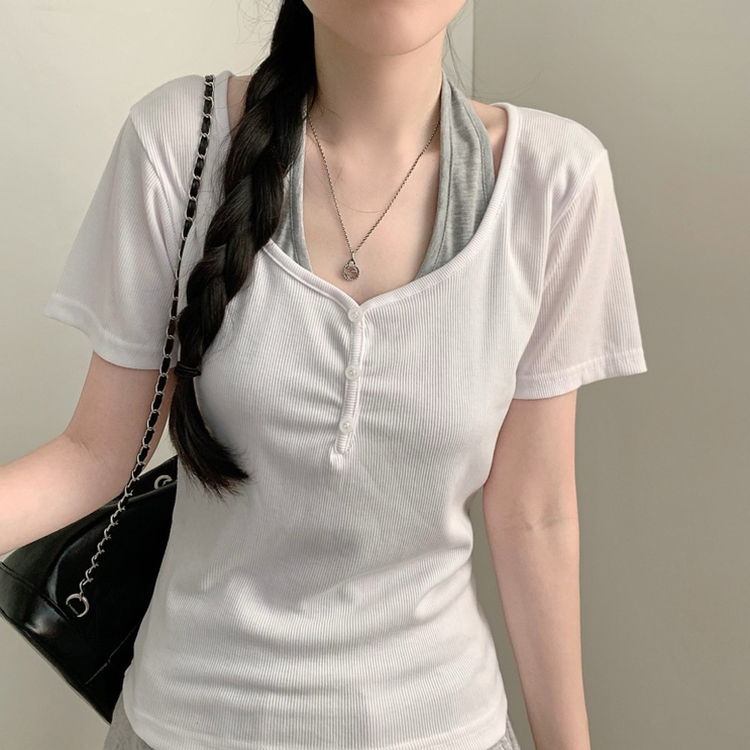 로지 반팔 홀터넥 레이어드 반팔티 또또 단추 여름 상의 여름옷 데일리룩 반소매티셔츠 아이보리