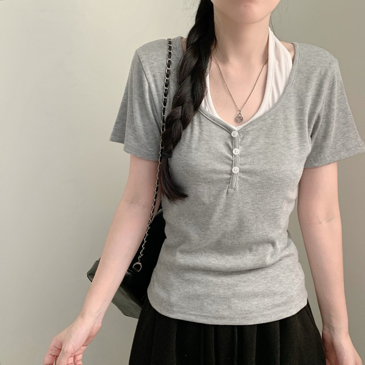 로지 반팔 홀터넥 레이어드 반팔티 또또 단추 여름 상의 여름옷 데일리룩 반소매티셔츠 그레이
