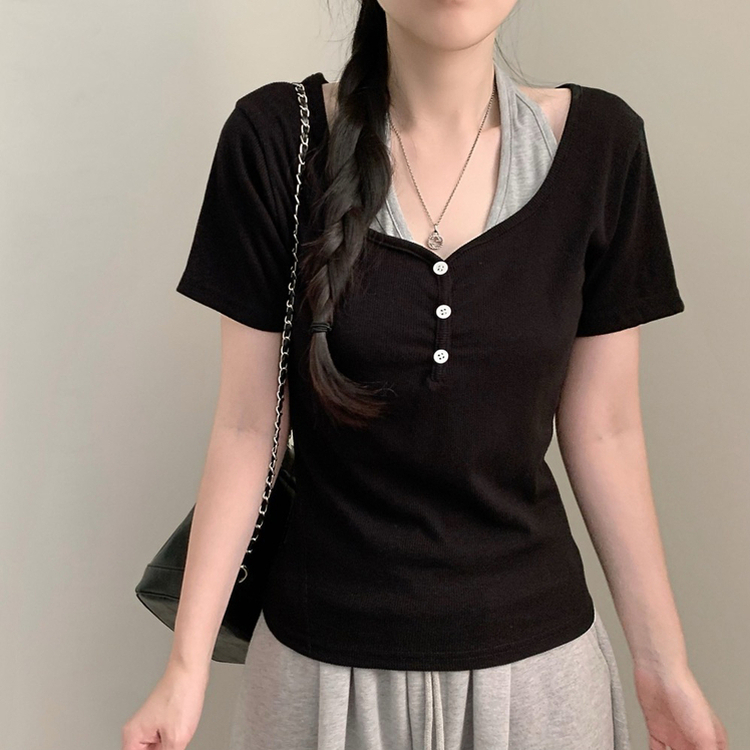 로지 반팔 홀터넥 레이어드 반팔티 또또 단추 여름 상의 여름옷 데일리룩 반소매티셔츠 블랙