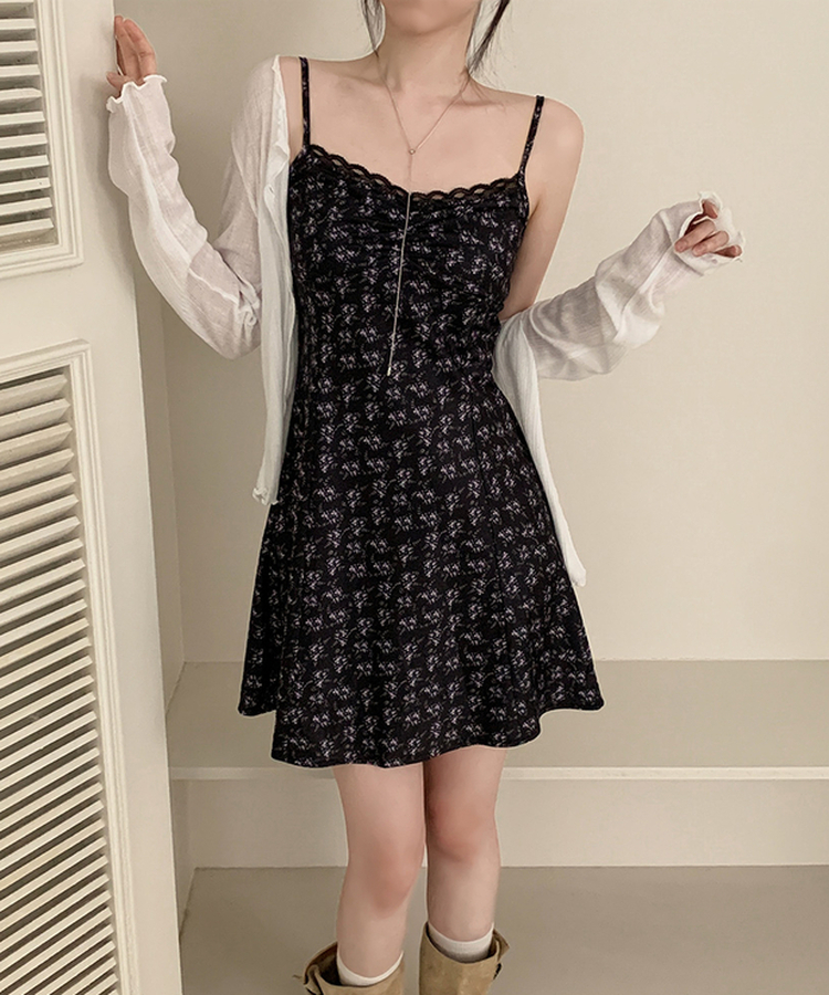フラワーレースシャーリングキャミソールワンピース BLACK